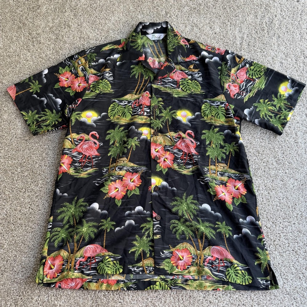 Alvish Shirt Mens Medium Black Flamingo Hawaiian Tropical Short Sleeve Button Up